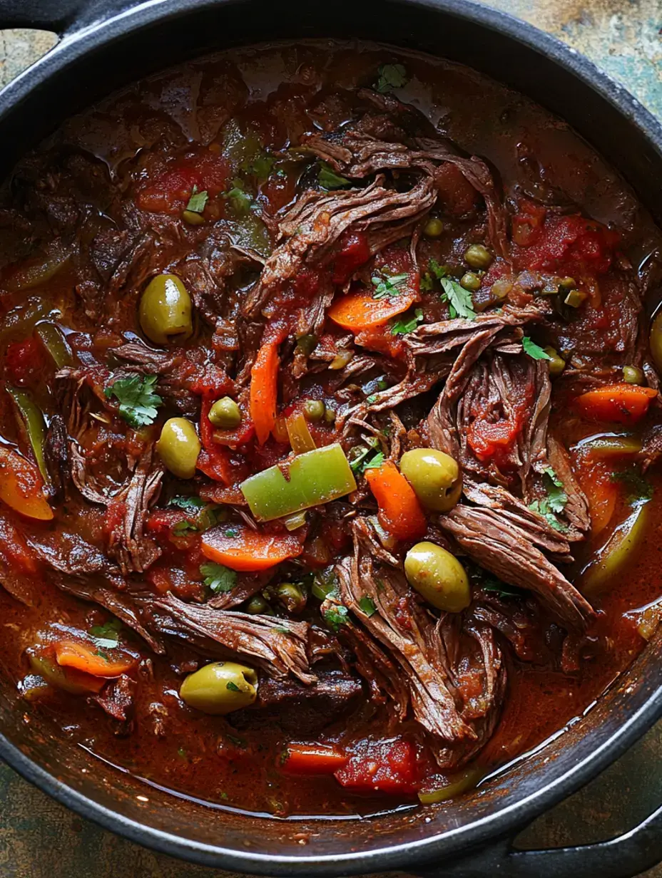 Nahaufnahme von einem Topf mit zartem Rindfleisch, Oliven, grün-roter Paprika und frischem Koriander.