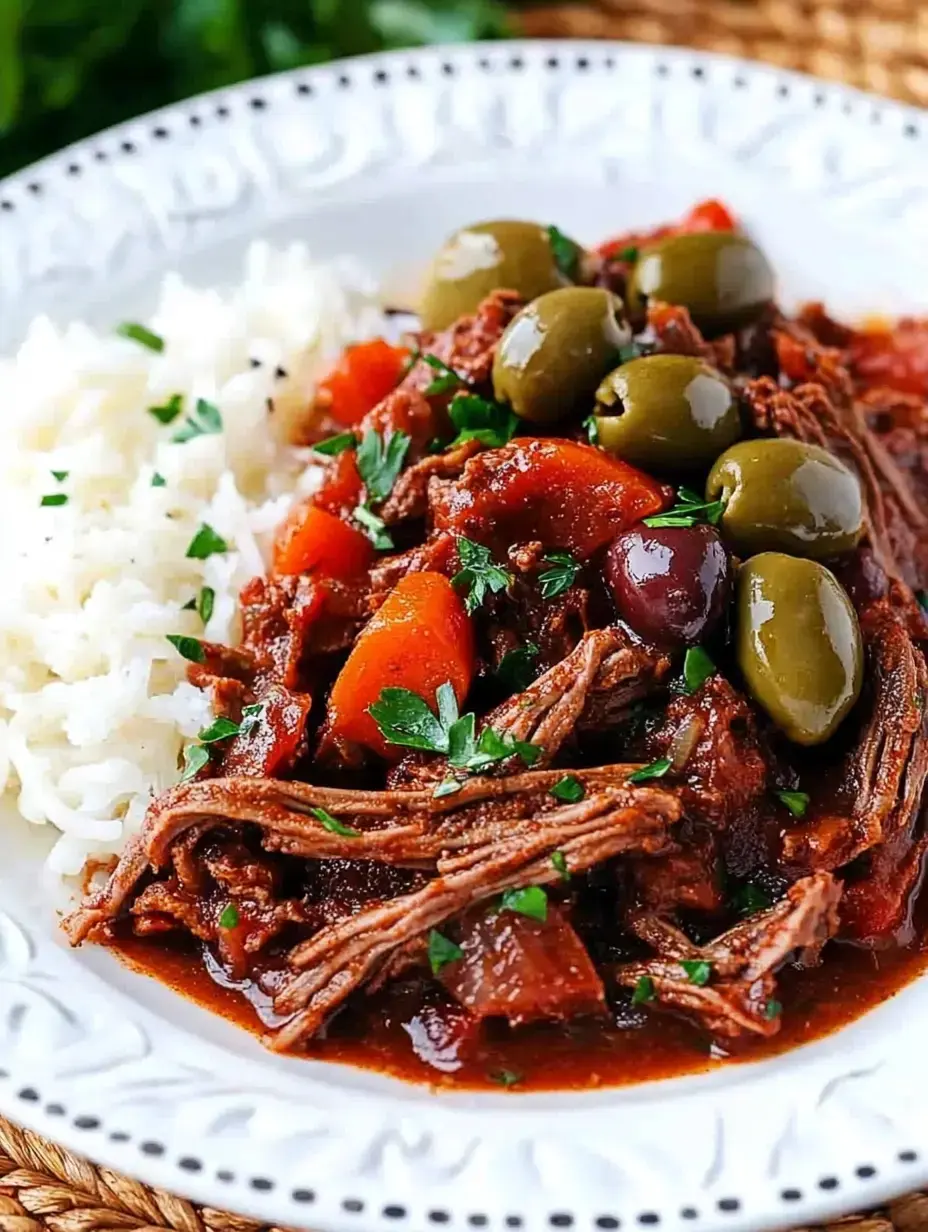 Ein Teller zartes Rindfleisch in einer sämigen Sauce mit Karotten, Oliven und Kräutern, dazu lockerer weißer Reis.
