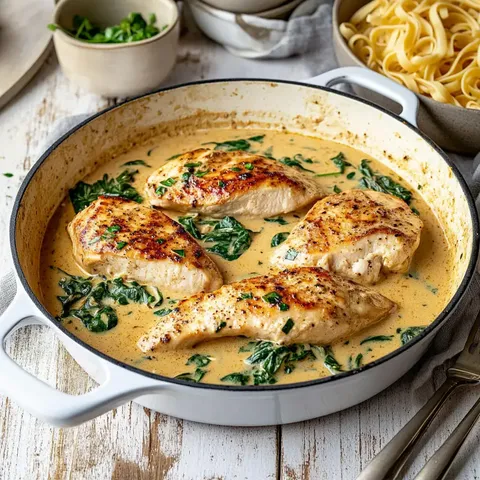 Pfanne mit saftigem Hähnchen in cremiger Spinatsoße. Daneben Kräuter und eine Schale Nudeln.