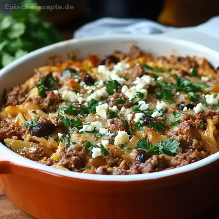 Hackauflauf mit Kritharaki und würzigem Feta