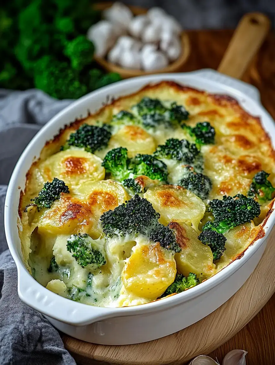 Ein Gratin aus Kartoffeln und Brokkoli mit leckerer Käsesauce überzogen.