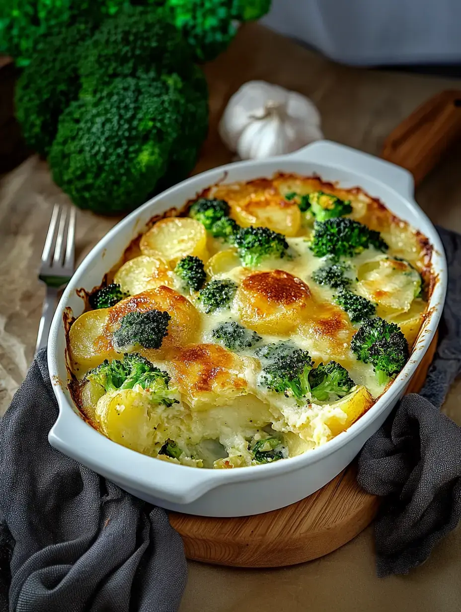 Ein Gratin mit Kartoffeln und Brokkoli mit goldener Käsekruste, serviert in einer weißen Auflaufform.