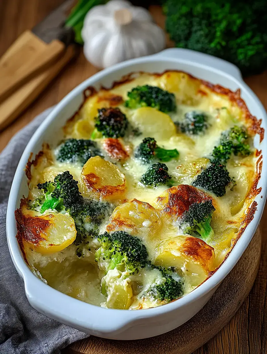 Ein überbackenes Gericht mit Kartoffeln und Brokkoli in einer weißen Auflaufform.