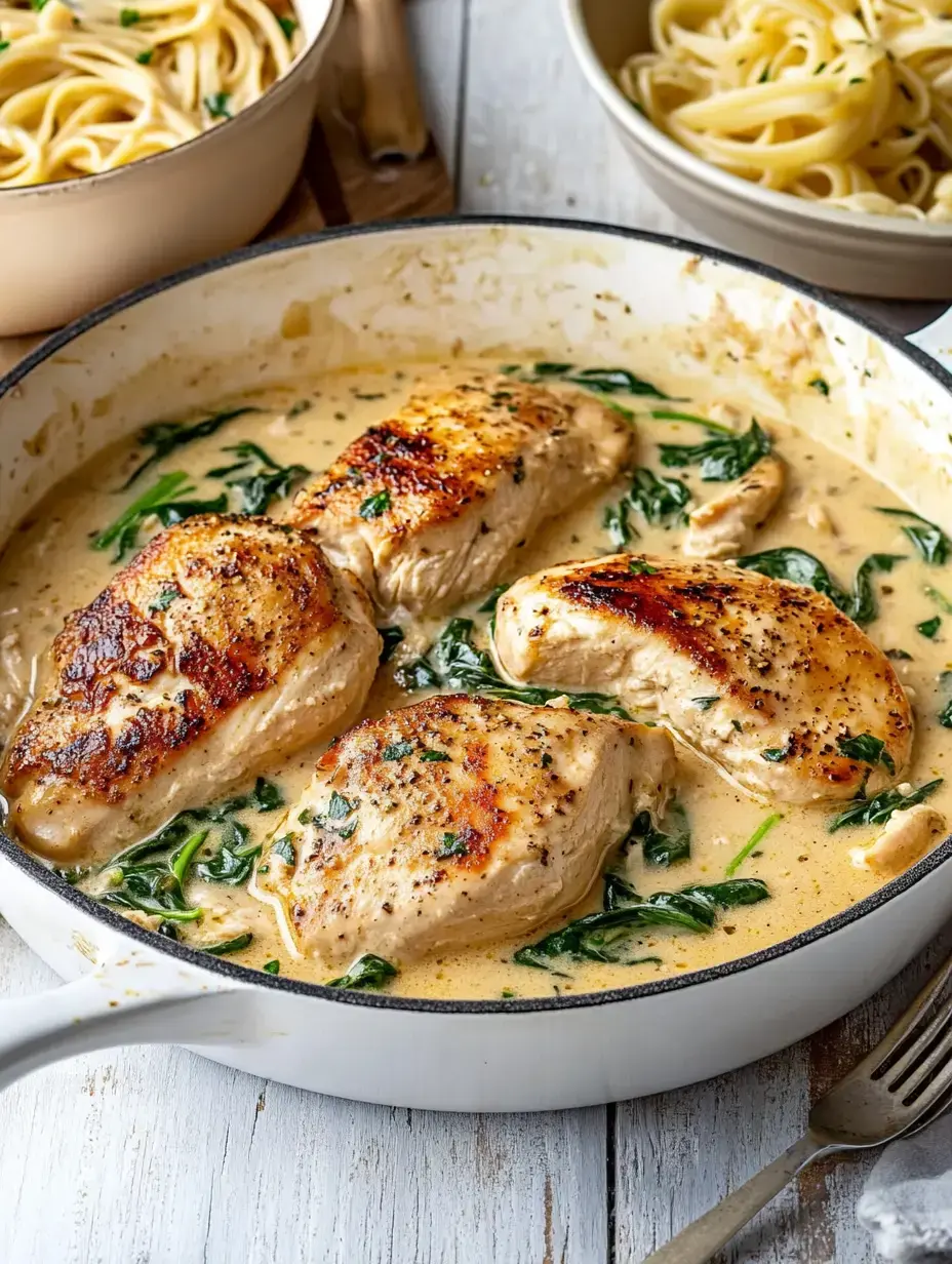 Eine Pfanne voll zarter Hähnchenstücke in cremiger Sauce mit Spinatblättern umringt, daneben zwei Teller mit dampfenden Spaghetti.