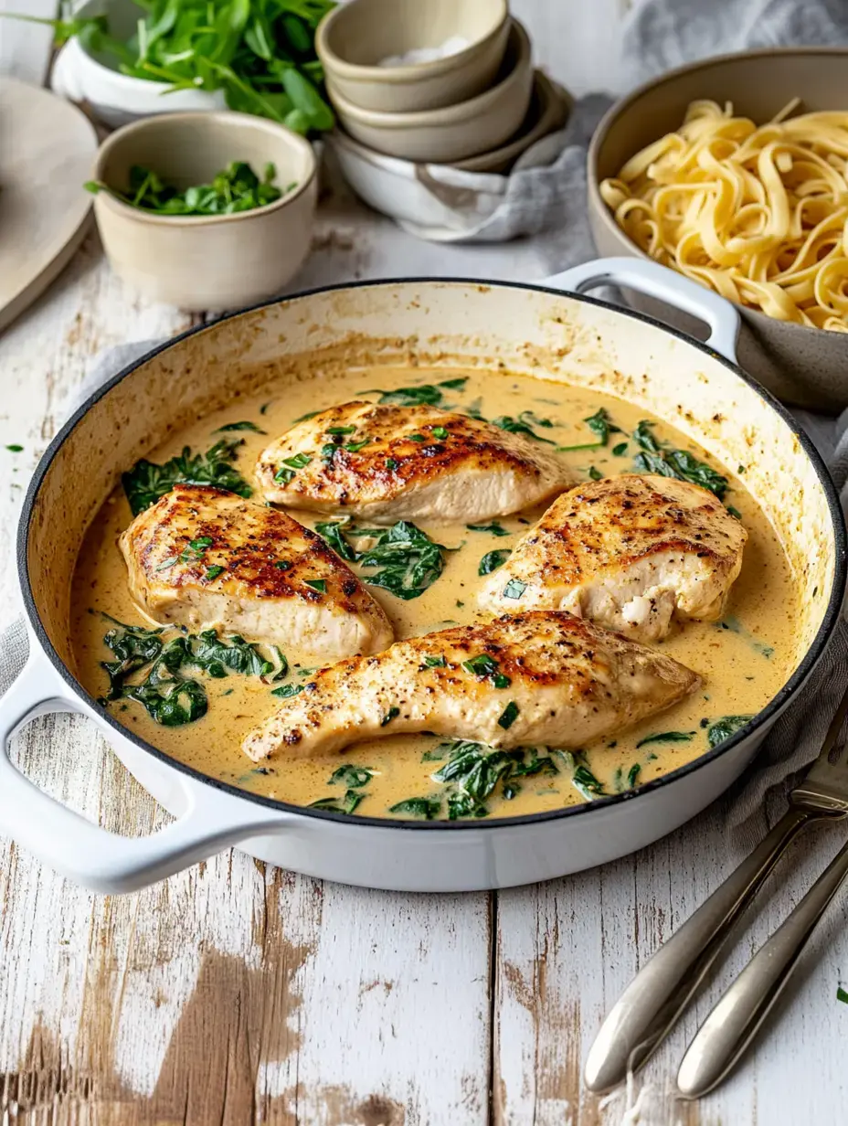 Ein großer Topf mit saftigem Hähnchen in cremiger Spinatsauce, umgeben von frischem Gemüse und einer Schale mit Nudeln daneben.
