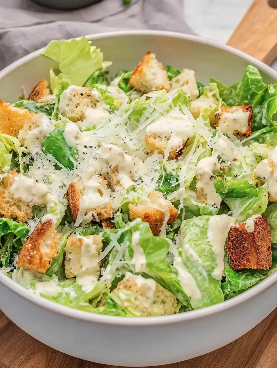 Eine Schale voller Caesar-Salat mit grünen Blättern, knusprigen Brotwürfeln und cremiger Sauce.