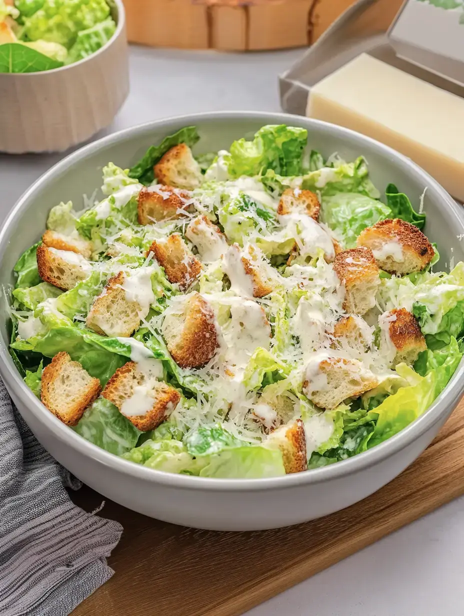 Eine große Salatschüssel mit Caesar-Salat, gefüllt mit Römersalat, Brotwürfeln und cremigem Dressing.