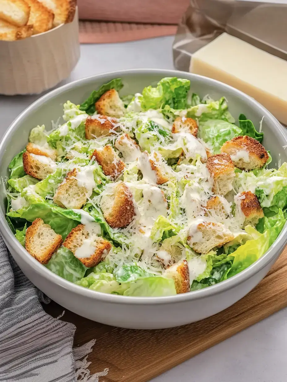 Eine Schüssel mit Caesar-Salat aus Römersalat, knusprigen Brotwürfeln und cremiger Sauce, garniert mit geriebenem Käse.