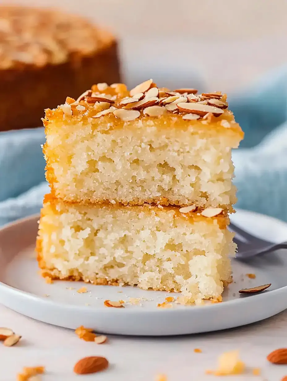 Ein Teller mit zwei Schichten saftigem Kuchen, dekoriert mit gerösteten Mandelscheiben.