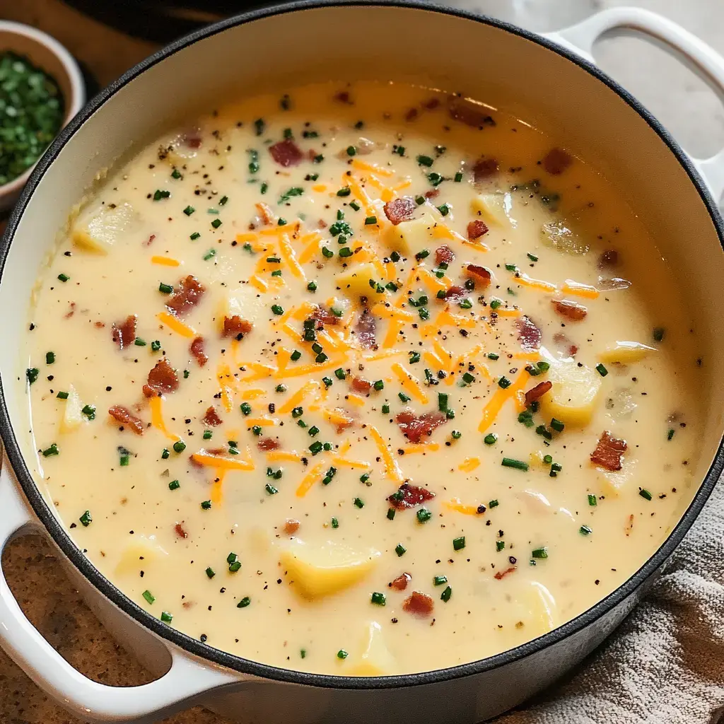 Eine cremige Kartoffelsuppe mit Speckstückchen, geriebenem Käse und gehacktem Schnittlauch in einem weißen Topf.