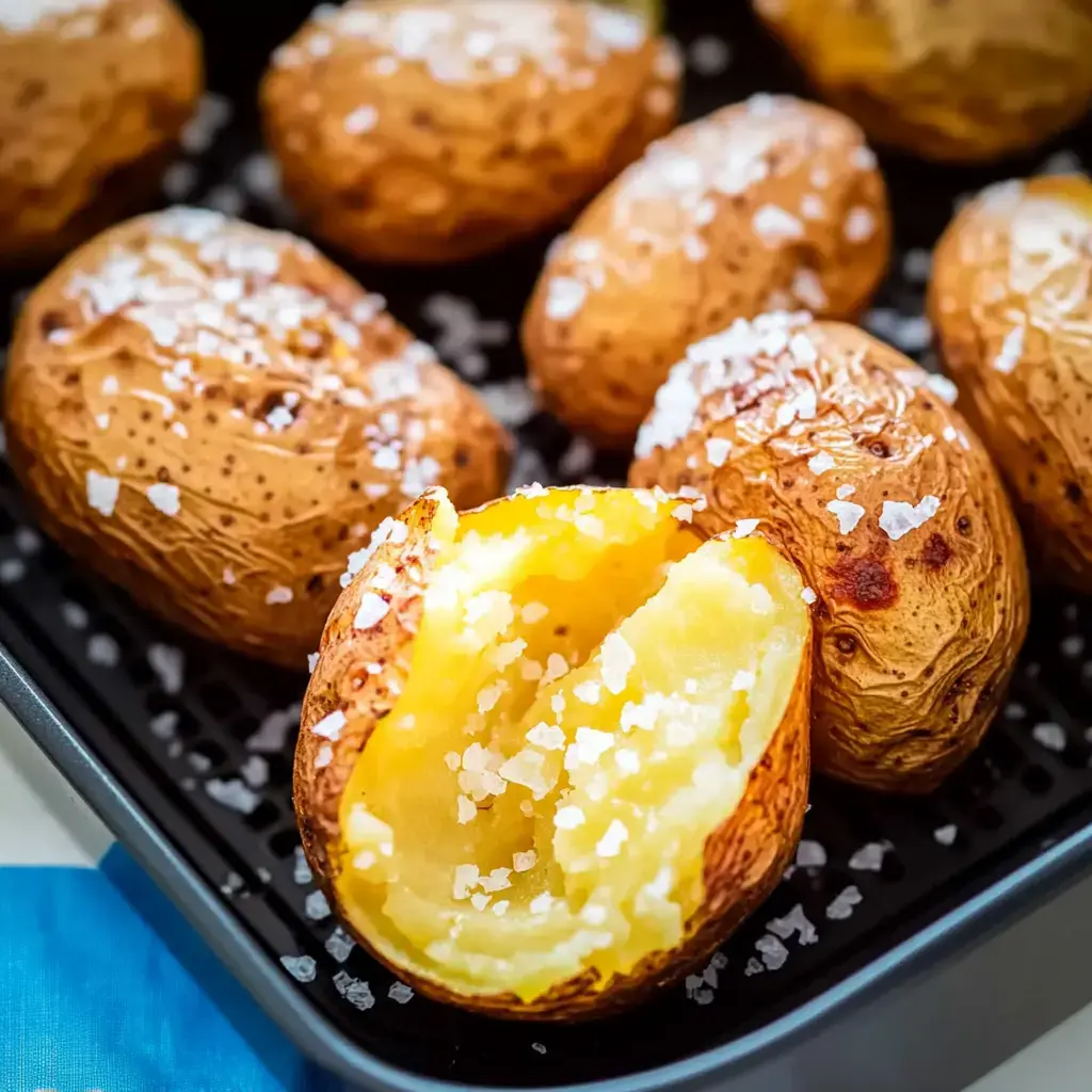 Nahaufnahme von mehreren gebratenen Kartoffeln mit Meersalz. Eine halbierte Kartoffel zeigt das fluffige Innere.