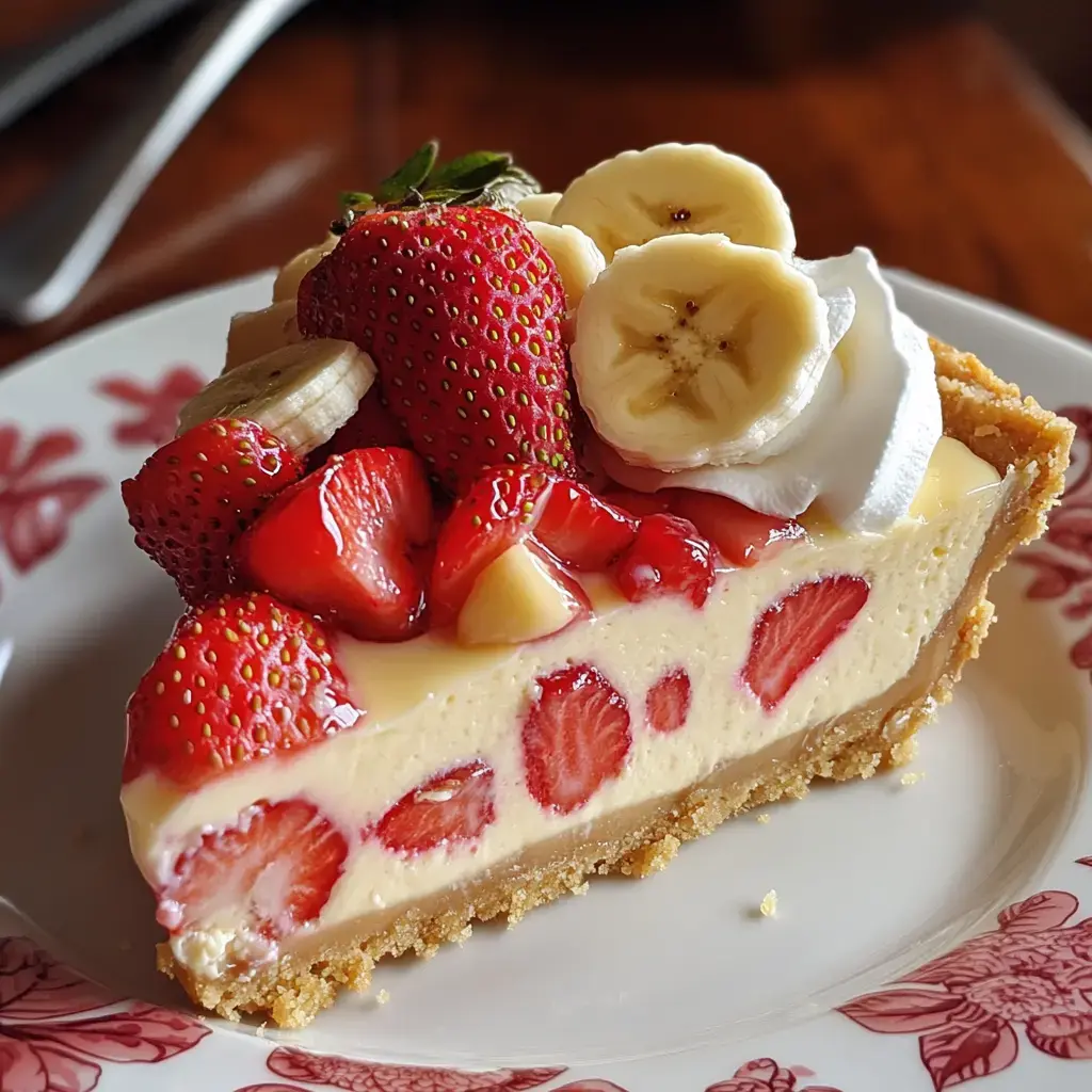 Ein Stück cremiger Kuchen mit Erdbeeren, Bananen und Sahne auf einem dekorativen Teller.