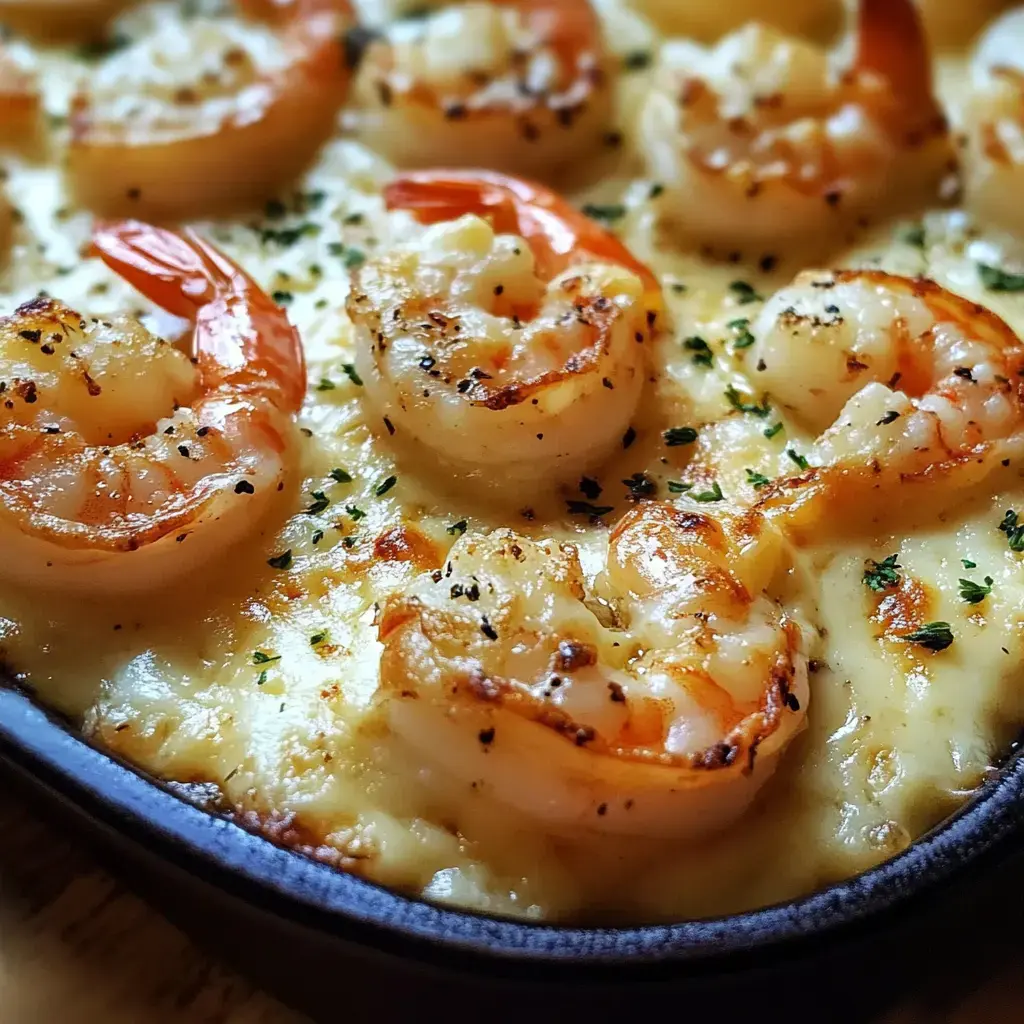 Detailaufnahme von überbackenen Garnelen in cremiger Sauce, garniert mit Petersilie und schwarzem Pfeffer.