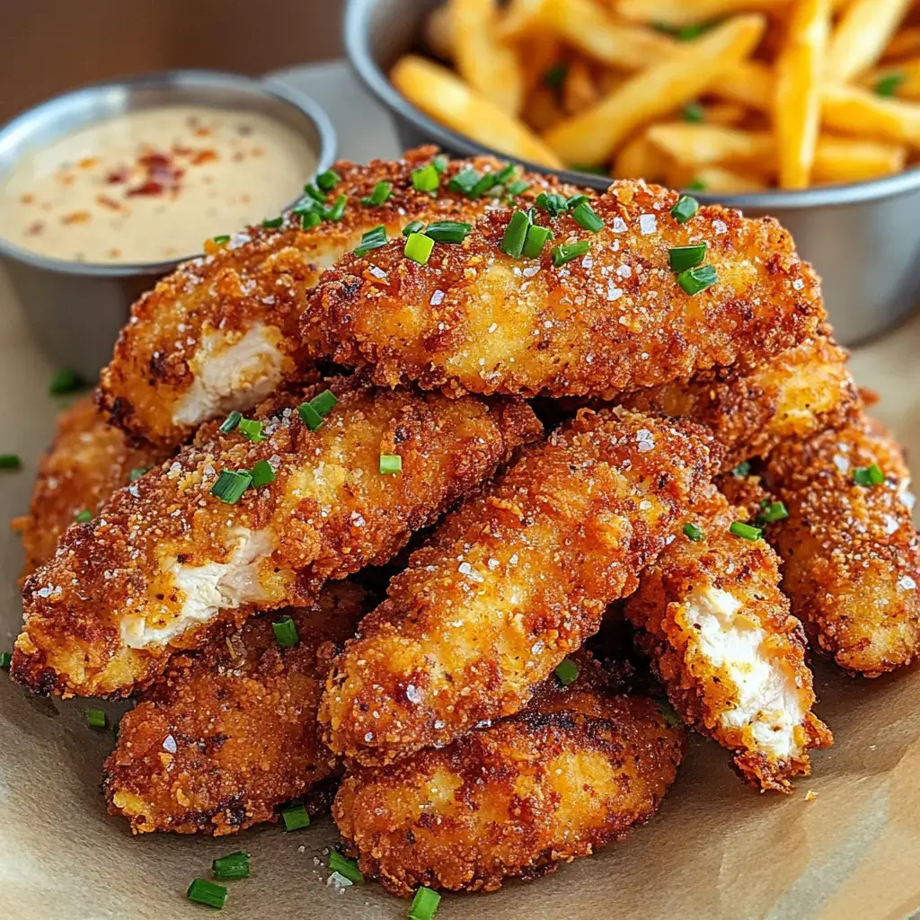 Ein Haufen goldbrauner knuspriger Huhnstreifen, garniert mit Frühlingszwiebeln, serviert mit Dip-Sauce und Pommes.