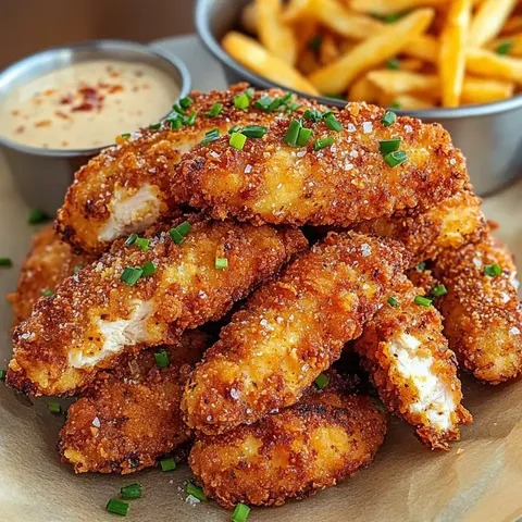 Ein Haufen goldbrauner knuspriger Huhnstreifen, garniert mit Frühlingszwiebeln, serviert mit Dip-Sauce und Pommes.