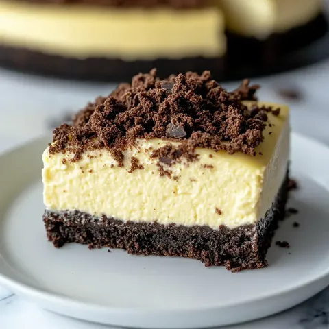 Ein Stück Käsekuchen mit Schokoboden auf einem weißen Teller.