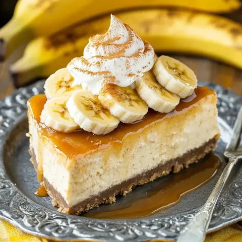 Ein Stück Cheesecake mit Bananenscheiben, Schlagsahne und Karamellsauce auf einem silbernen Teller, eingerahmt von Bananen im Hintergrund.