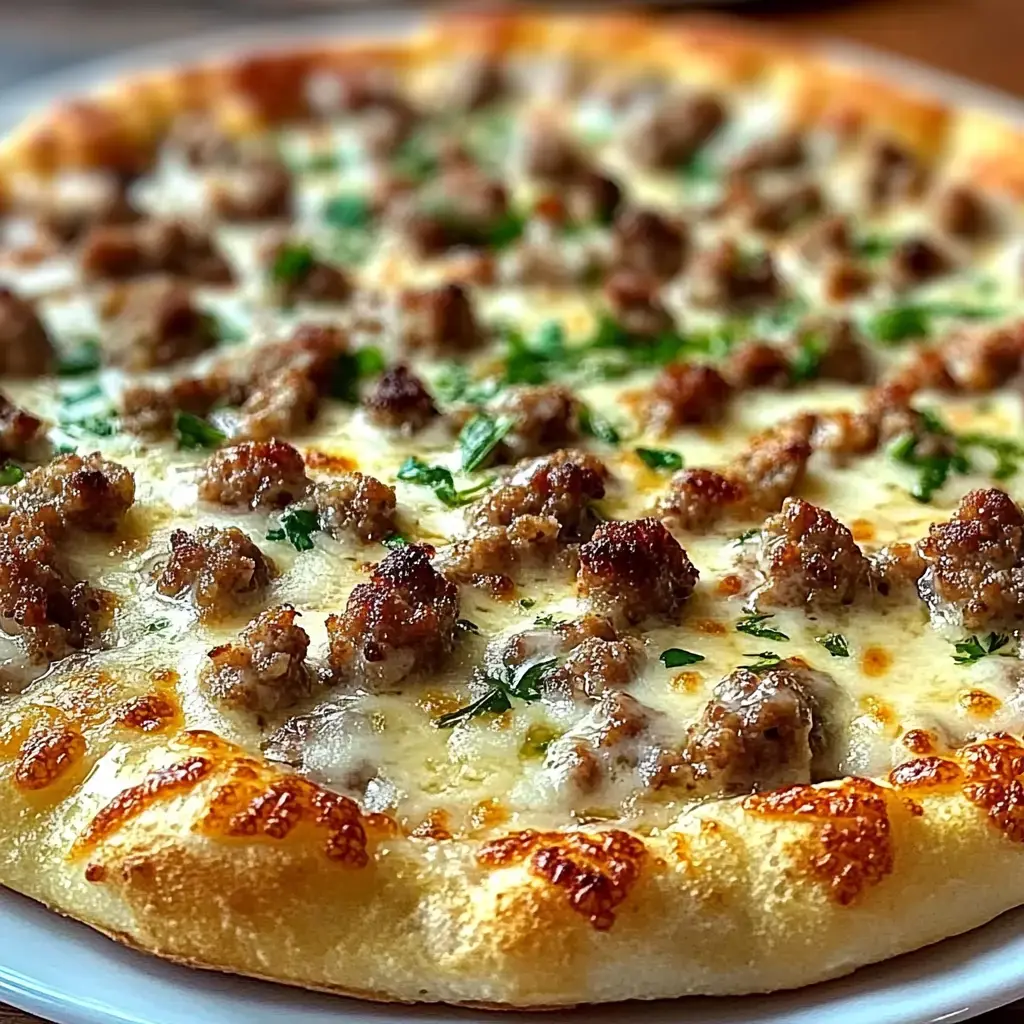 Nahaufnahme einer goldbraun gebackenen Pizza, belegt mit Wurst und frischen Kräutern, auf einem luftigem Boden.