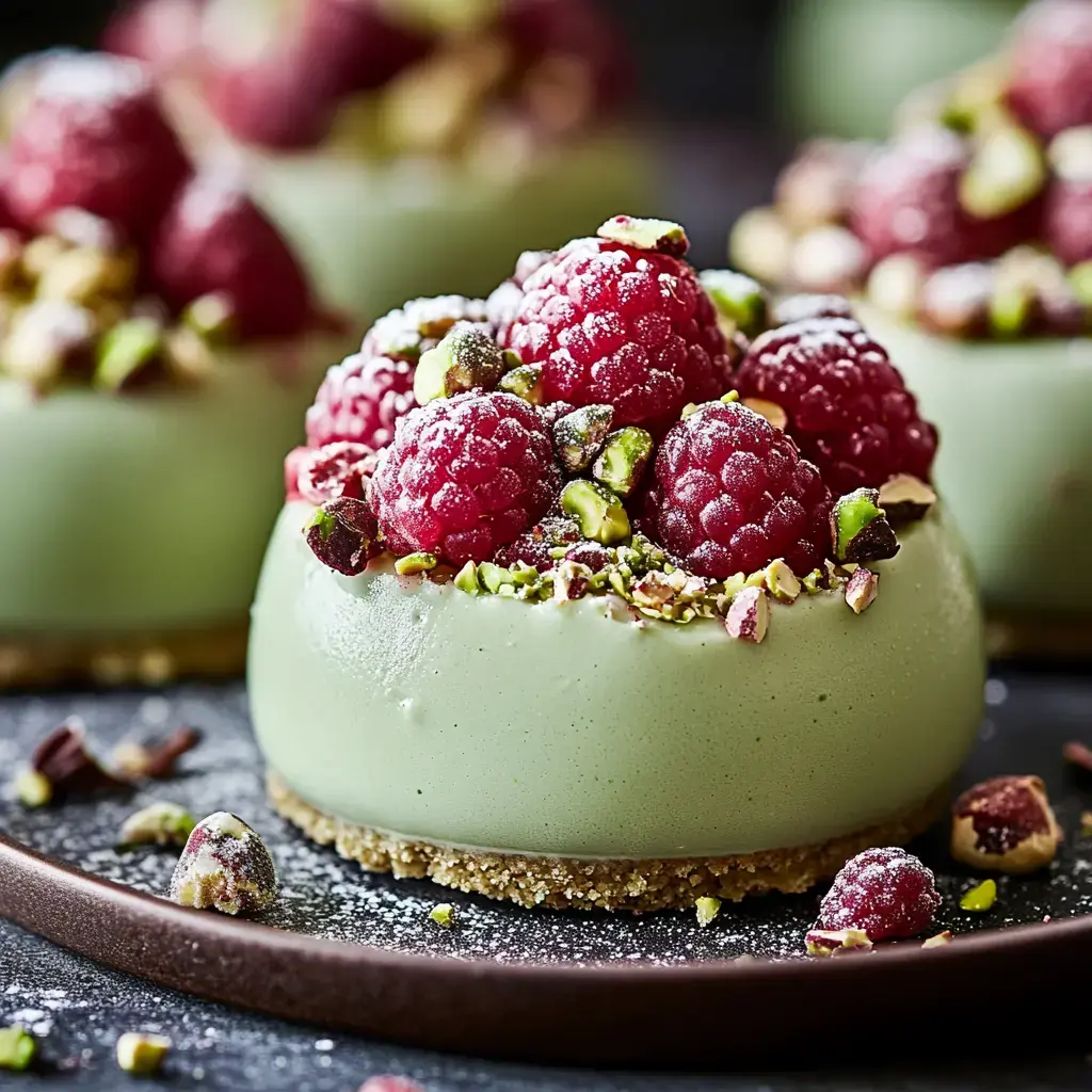 Nahaufnahme eines grünen Desserts mit frischen Himbeeren und gehackten Pistazien auf einem dunklen Teller.