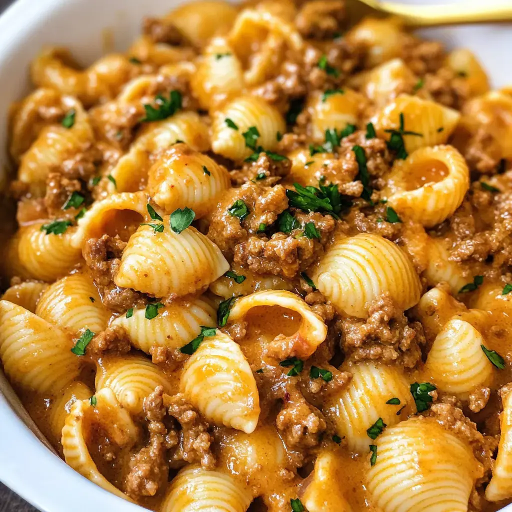 Nahaufnahme einer Schüssel Nudeln mit Muschelform, Hackfleisch und einer cremigen Sauce, garniert mit frischer Petersilie.