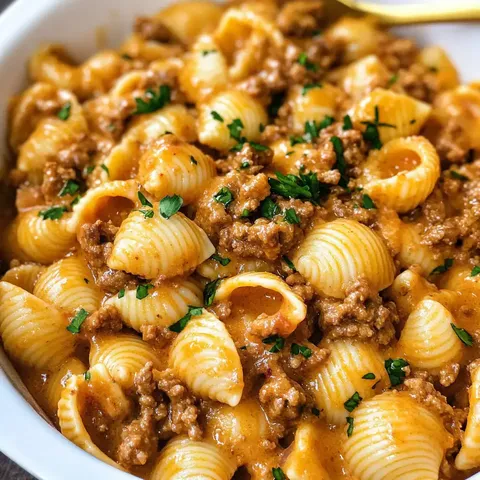 Nahaufnahme einer Schüssel Nudeln mit Muschelform, Hackfleisch und einer cremigen Sauce, garniert mit frischer Petersilie.