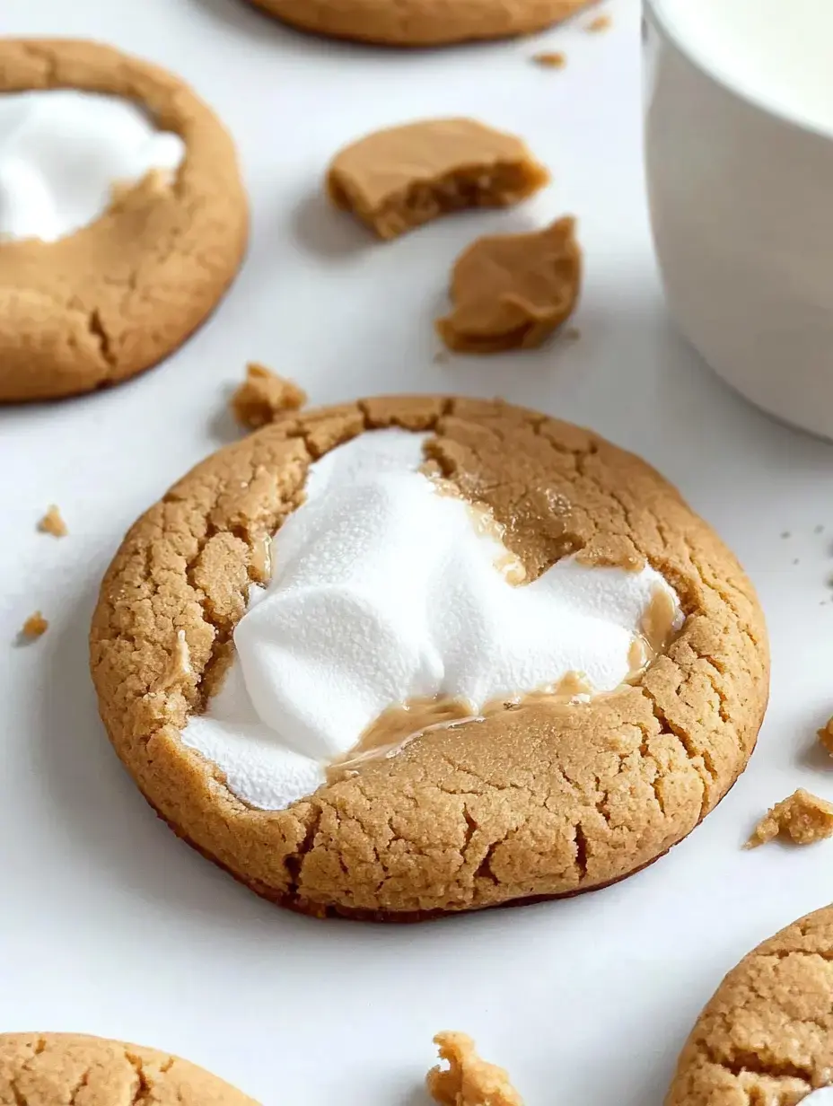 Nahaufnahme von Erdnussbutterkeksen mit einem Sahnehäubchen, drumherum Kekskrümel und ein Glas Milch.