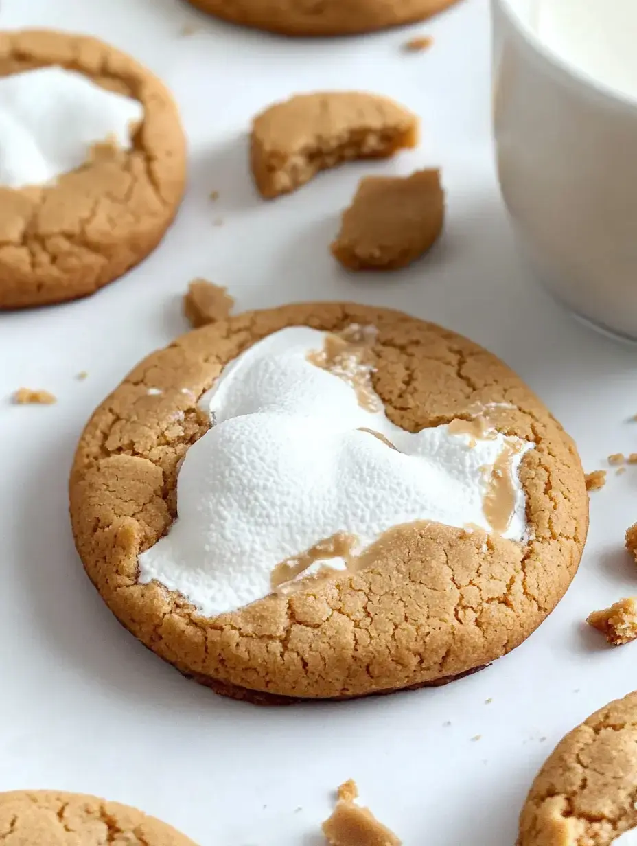 Nahaufnahme von einem Erdnussbutterkeks mit weißer Cremefüllung; im Hintergrund Kekse und ein Becher Milch.