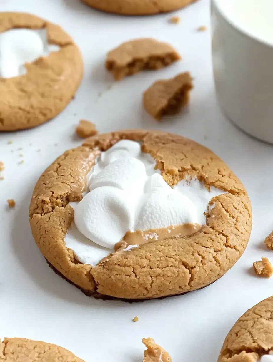 Nahaufnahme: Aufgebrochener Erdnussbutterkeks mit Marshmallowfüllung, drum herum noch mehr Kekse und ein kleiner Becher Milch.