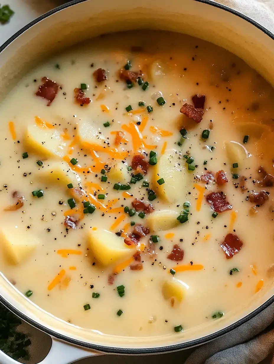 Eine cremige Kartoffelsuppe garniert mit Speck, Schnittlauch und geriebenem Käse, angerichtet in einem weißen Topf.