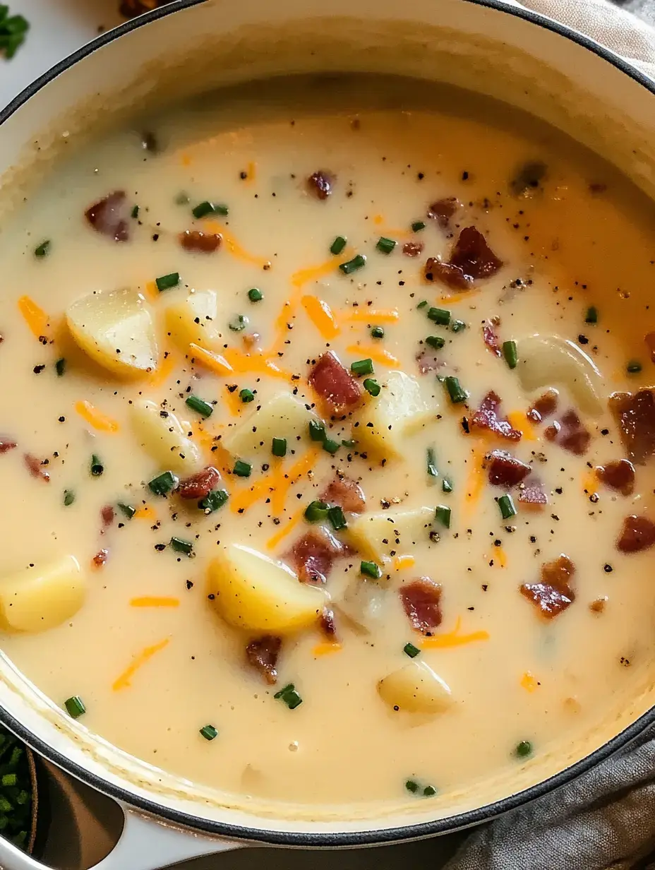 Eine cremige Kartoffelsuppe garniert mit Speck, geriebenem Käse und gehacktem Schnittlauch in einem weißen Topf.