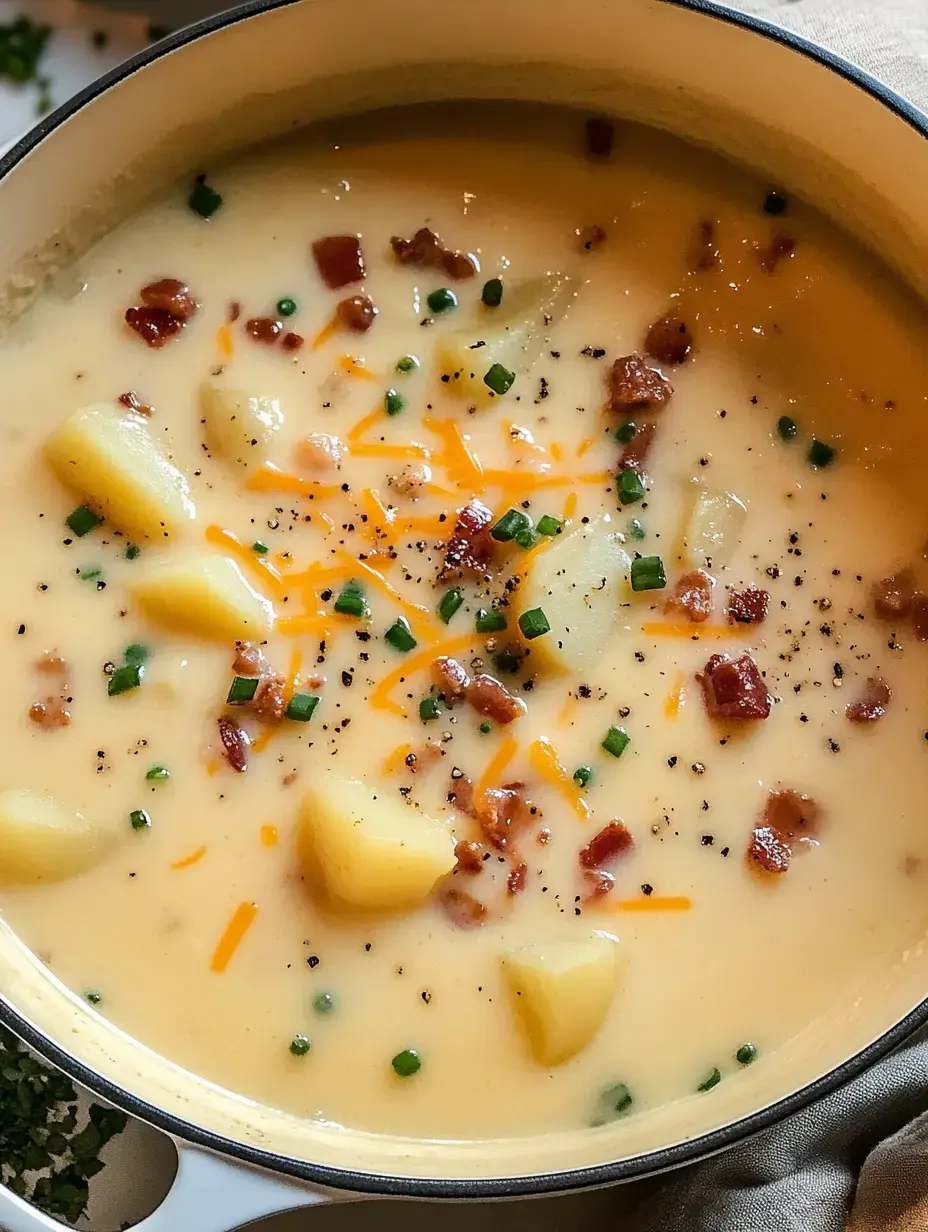 Cremige Kartoffelsuppe garniert mit knusprigem Bacon, Cheddar und gehacktem Schnittlauch.