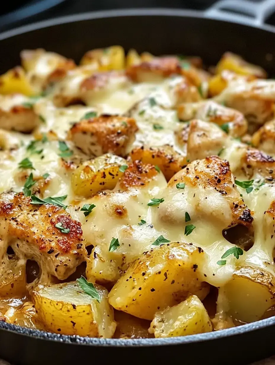 Pfanne mit gebackenen Hähnchenstücken und goldenen Kartoffeln, mit geschmolzenem Käse und frischer Petersilie bestreut.