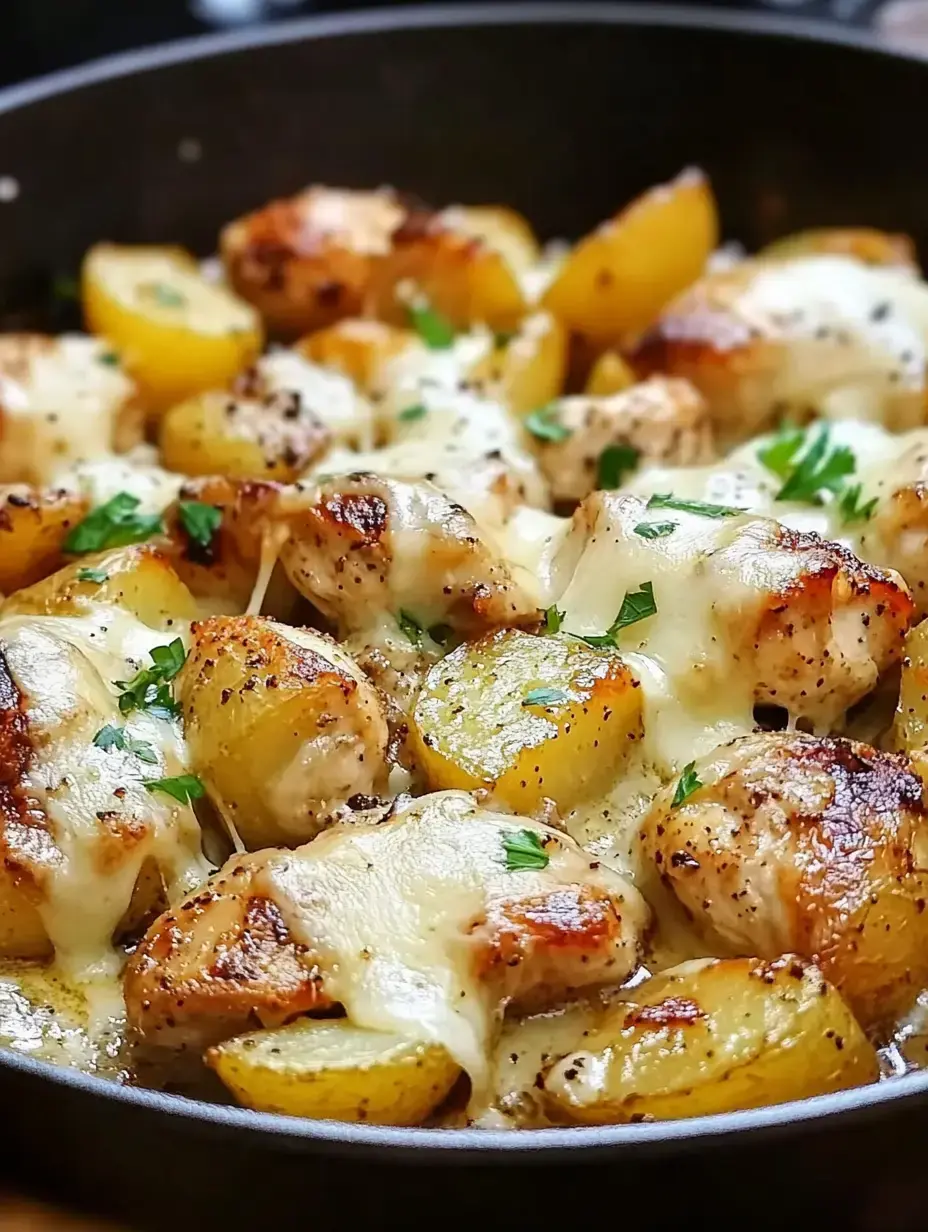 Pfanne mit gebratenen Hähnchenstücken und goldbraunen Kartoffeln, überzogen mit Käse und Petersilie.