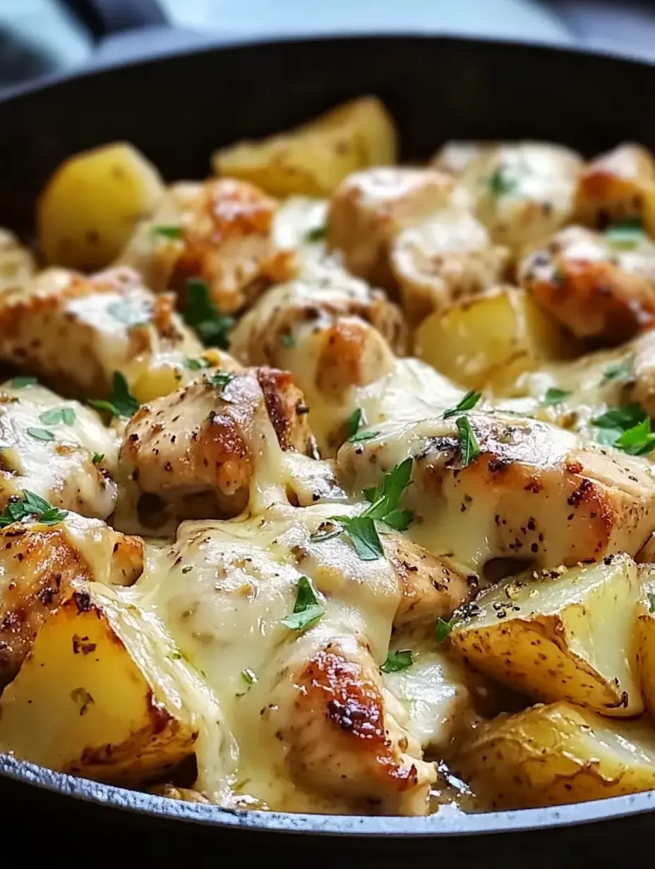 Gusseiserne Pfanne mit überbackenem Hähnchen, goldenen Kartoffeln und Petersilie.