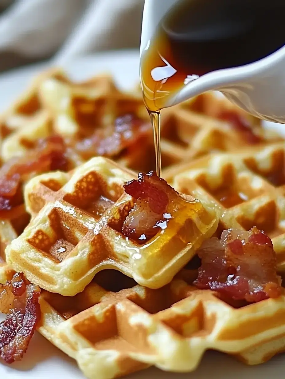 Nahaufnahme von goldenen Waffeln mit knusprigem Speck und Sirup.