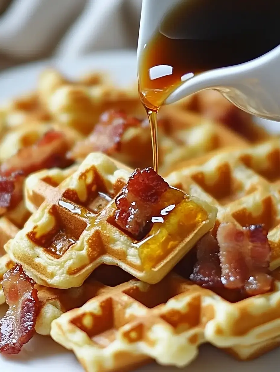 Ein Stapel goldener Waffeln mit Speck und darübergegossenem Sirup.