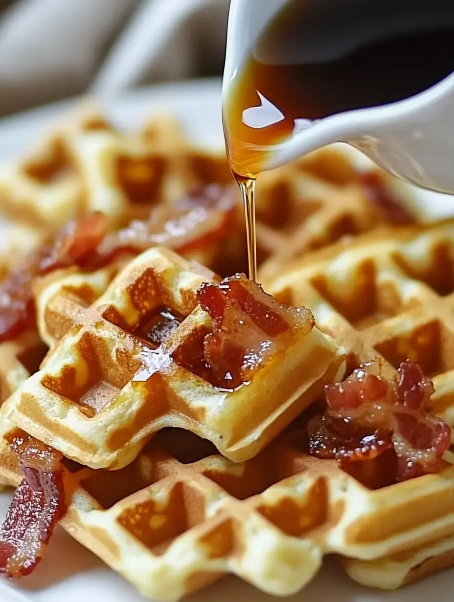 Waffeln auf einem Teller, oben drauf Speck und darübergegossener Sirup.
