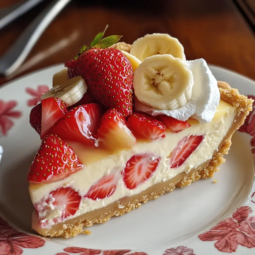 Ein Stück cremiger Erdbeer-Bananen-Kuchen mit frischen Erdbeeren, Bananenscheiben und Sahne obendrauf, serviert auf einem schönen Teller.