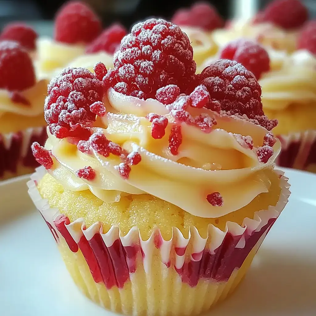 Ein saftiges Törtchen mit cremigem Topping, frischen Himbeeren und zerdrückten Himbeerstückchen obendrauf.