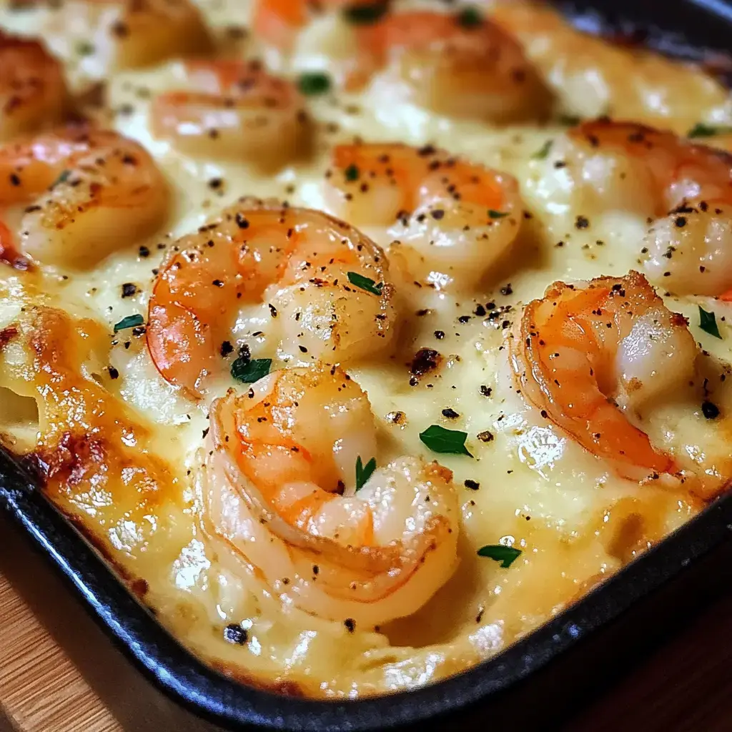 Nahaufnahme von einem überbackenen Gratin mit Garnelen, Käse, Kräutern und Gewürzen.