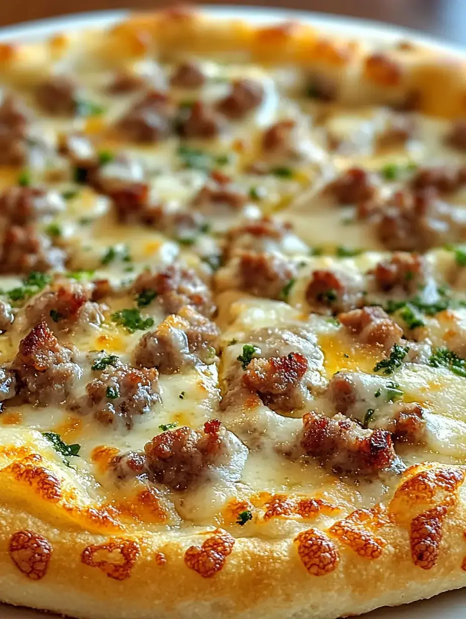 Nahaufnahme einer frisch gebackenen Pizza mit Wurst, Käse und Petersilie auf knusprigem Boden.