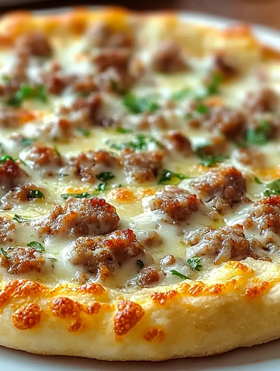 Nahaufnahme einer heißen Pizza mit geschmolzenem Käse, Wurststückchen und frischen Kräutern.