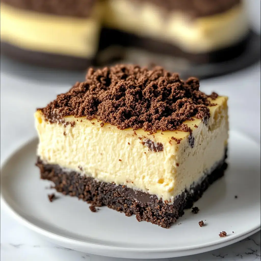 Ein Stück gestreifter, schichtiger Käsekuchen mit Schoko-Streuseln auf einem weißen Teller.