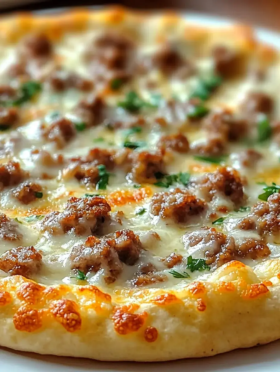 Nahaufnahme von Pizza mit geschmolzenem Käse, gebratener Wurst und frischen Kräutern.