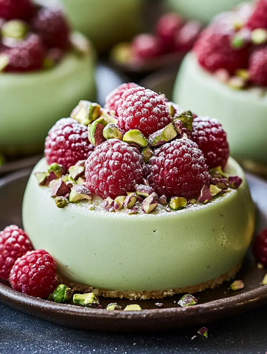 Ein hübsch angerichtetes grünes Dessert, garniert mit frischen Himbeeren, gehackten Pistazien und etwas Puderzucker.