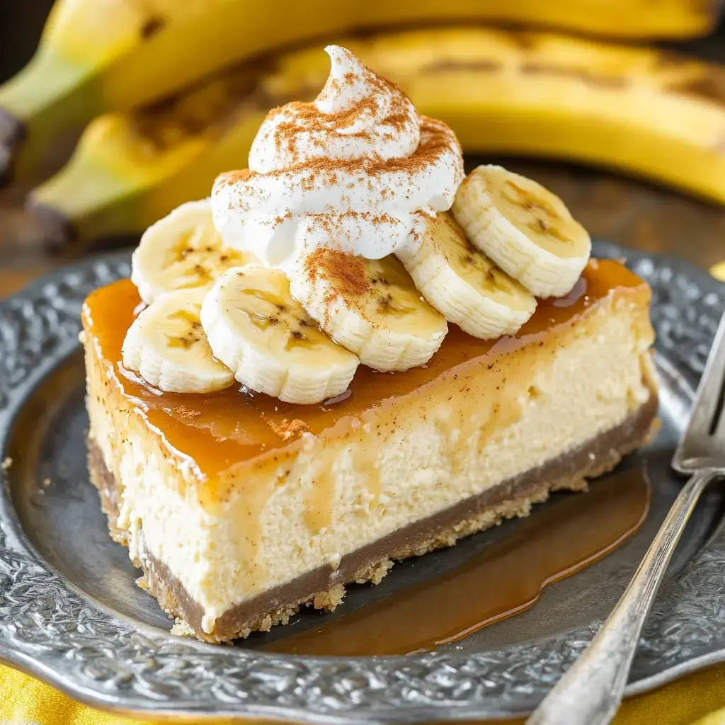 Ein Stück Banoffee Cheesecake mit Bananenscheiben, Sahne und etwas Zimt, dazu Bananen im Hintergrund auf einem hübschen Teller.