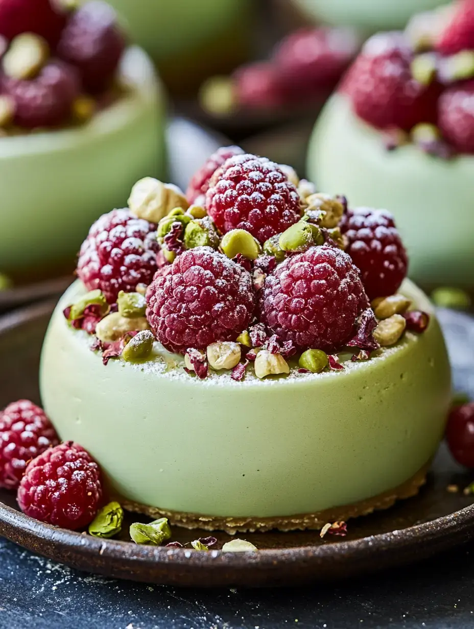 Nahaufnahme von einem grünen, cremigen Dessert, garniert mit frischen Himbeeren und gehackten Pistazien auf dunklem Teller.