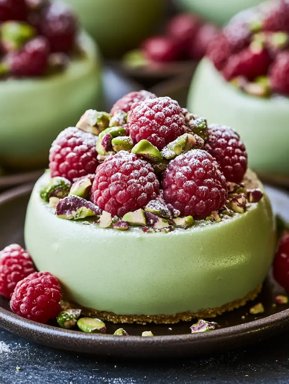 Tolles Dessert mit hellgrüner Mousse, Himbeeren, Pistazienstückchen und Puderzucker oben drauf.