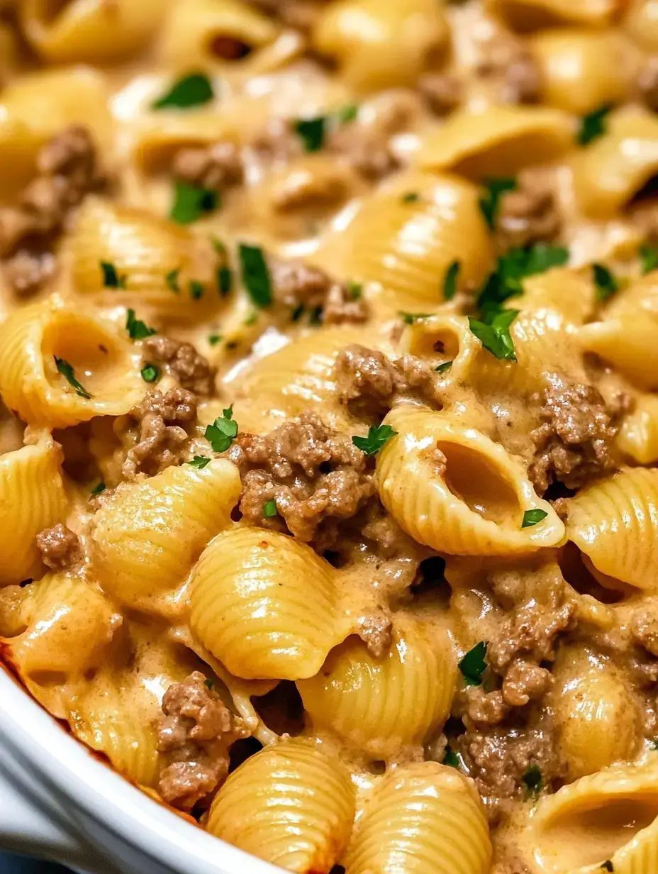Ein cremiges Pastagericht mit Muschelnudeln und Hackfleisch, garniert mit frischer Petersilie.