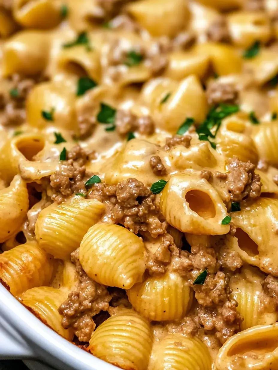 Detailaufnahme von cremigen Muschelnudeln mit Hackfleisch, garniert mit Petersilie.